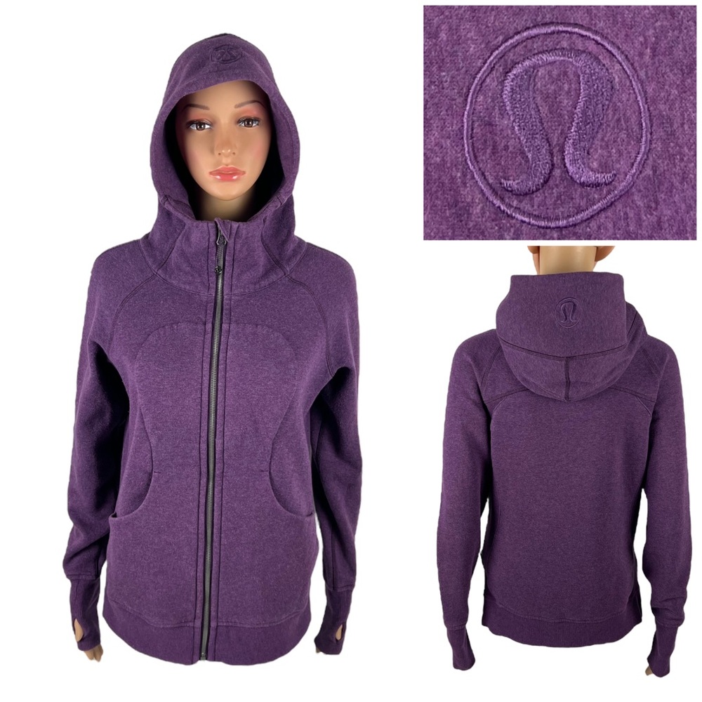Lululemon Womens 6 Hoodie Sweatshirt Purple Big Logo Scuba Full Zip Yoga Gym